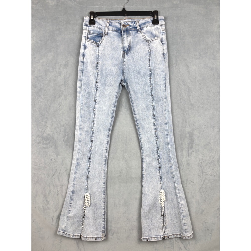 Generation K Light Wash Pearl Embellished Flare Jeans Split Hem Size 14 Girls